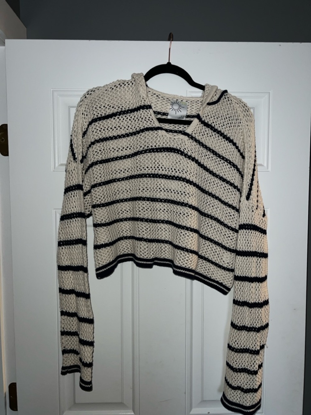 aerie Crocheted Striped Hoodie Sweater - Cream & Black